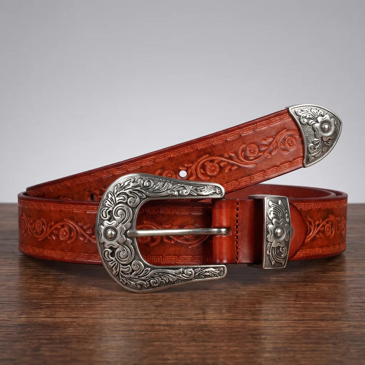 Embossed Leather Western Belt with Engraved Buckle