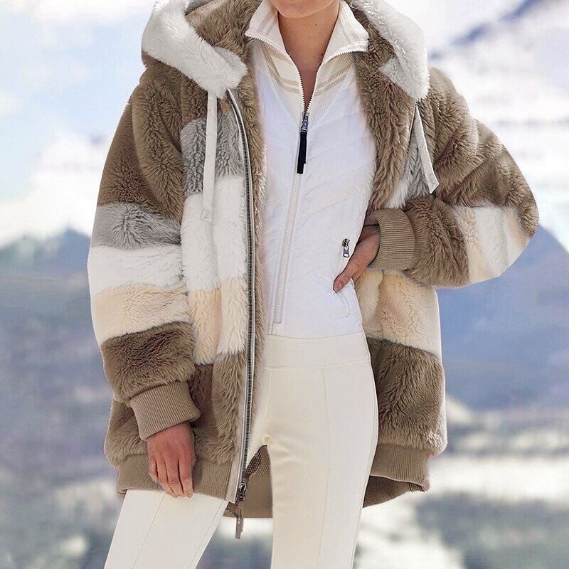 Women's Oversized Hooded Fleece Jacket with Color Block Design