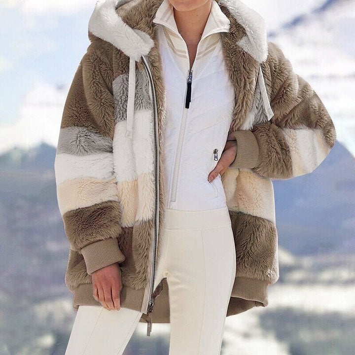 Women's Oversized Hooded Fleece Jacket with Color Block Design