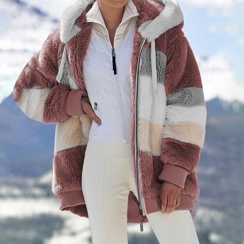 Women's Oversized Hooded Fleece Jacket with Color Block Design