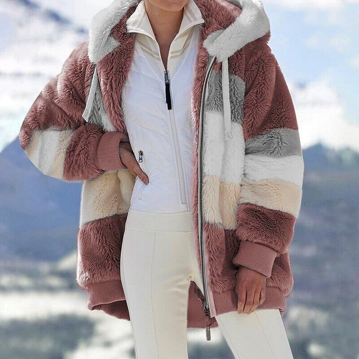 Women's Oversized Hooded Fleece Jacket with Color Block Design