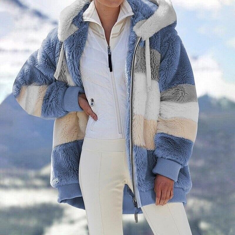 Women's Oversized Hooded Fleece Jacket with Color Block Design