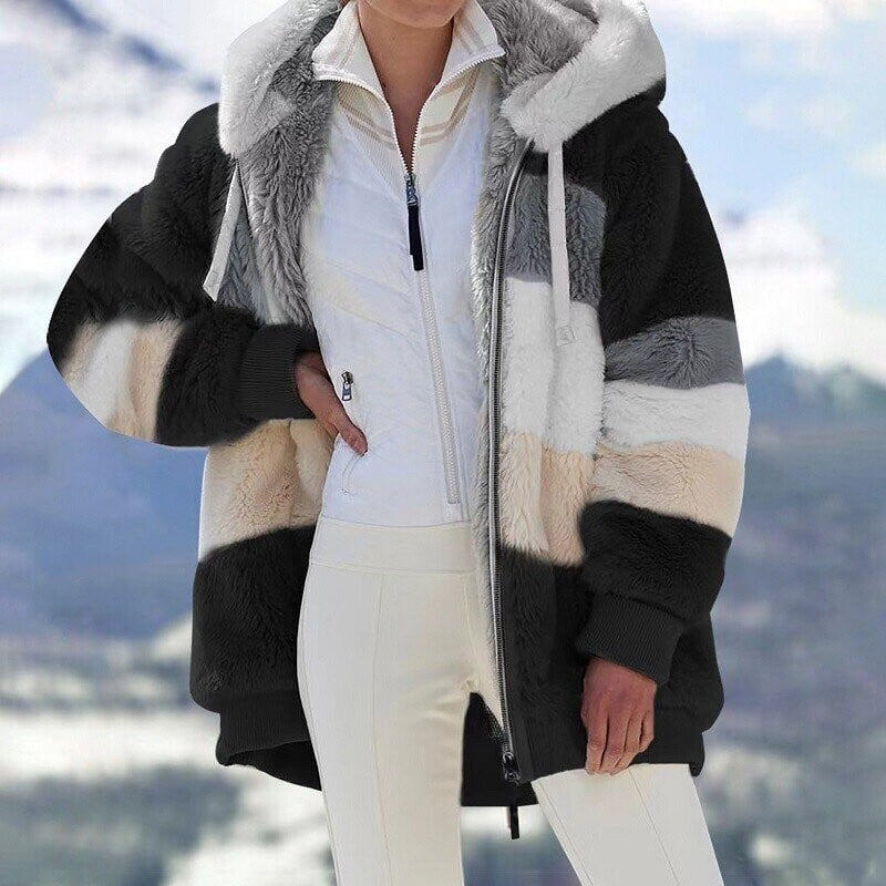 Women's Oversized Hooded Fleece Jacket with Color Block Design