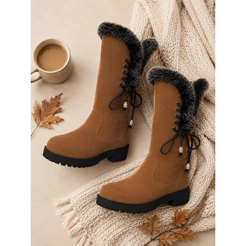 Women's Fur-Trimmed Knee-High Winter Boots with Lace-Up Detail