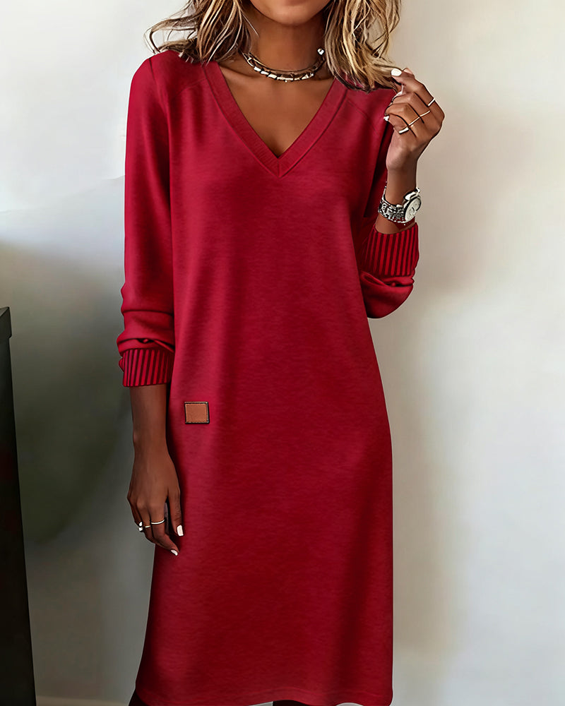 Women's Knit V-Neck Sweater Dress with Striped Cuffs