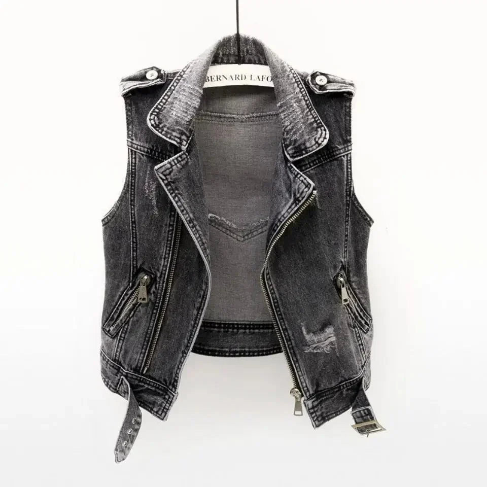 Women's Distressed Denim Moto Vest with Adjustable Waist Belt