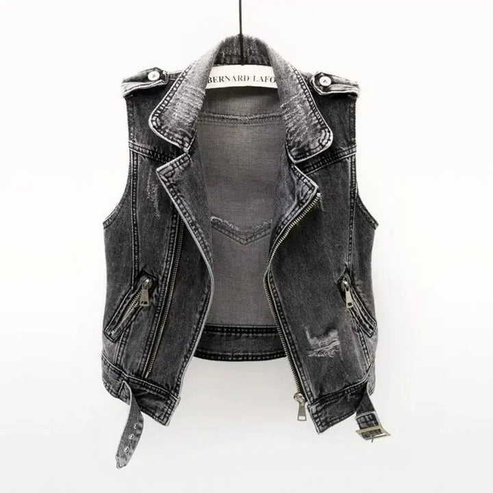 Women's Distressed Denim Moto Vest with Adjustable Waist Belt