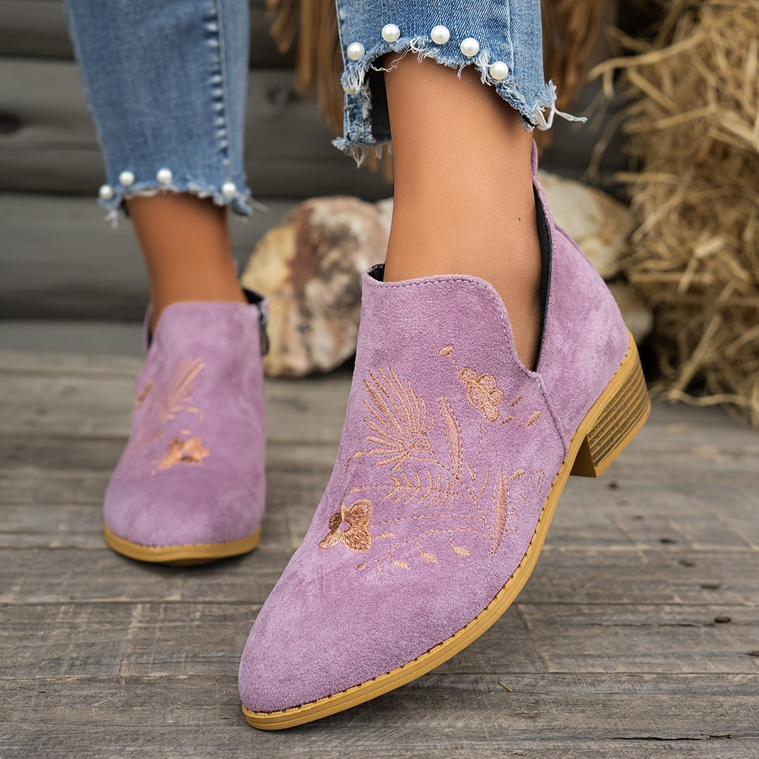 Women's Embroidered Ankle Boots with Side Zip