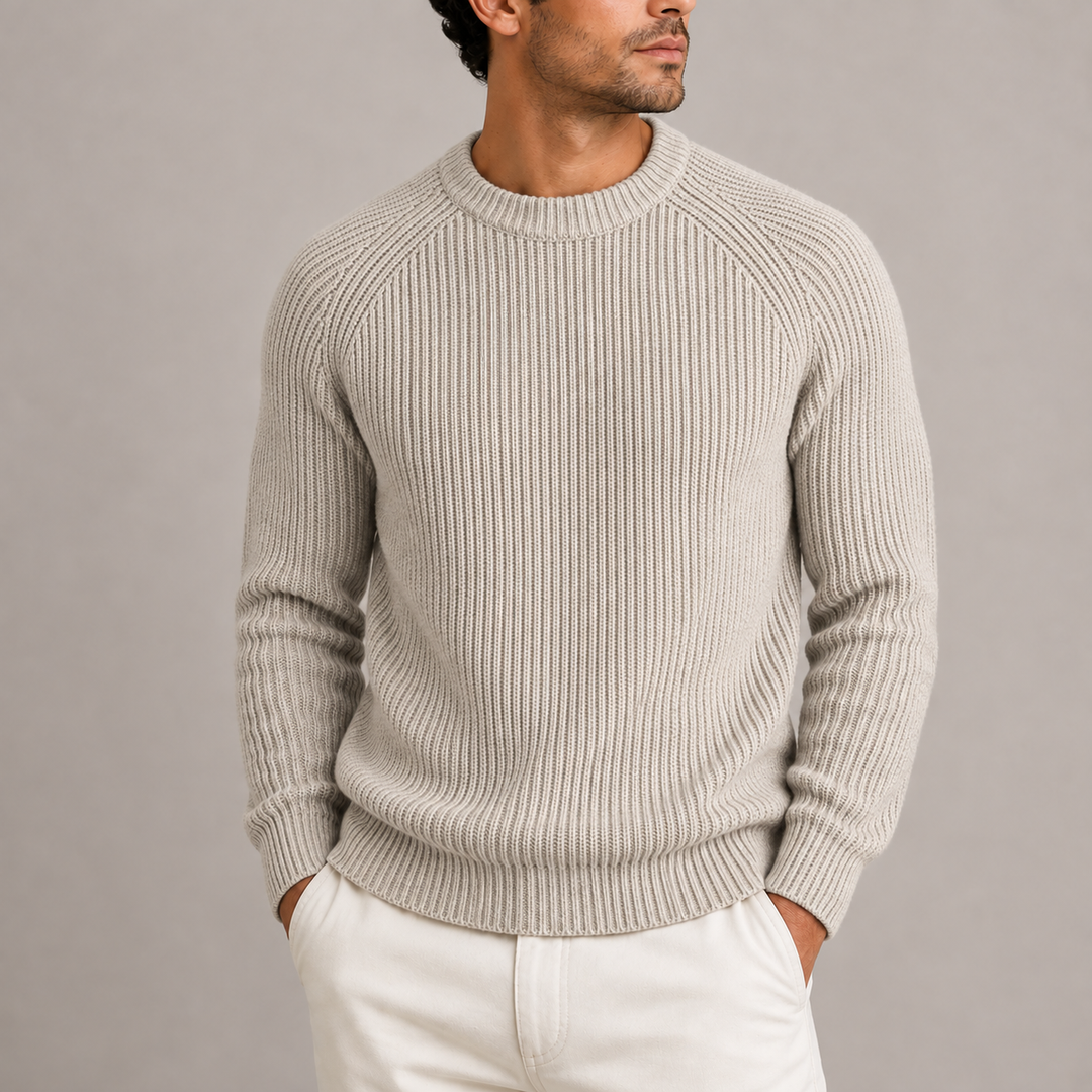 Men's Fisherman Rib Knit Sweater with Round Neckline