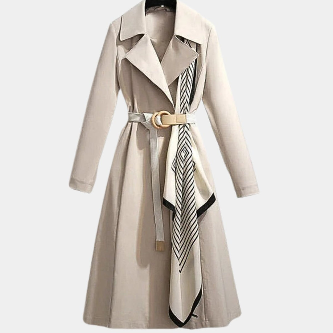 Women's Belted Midi Trench Coat with Turndown Collar