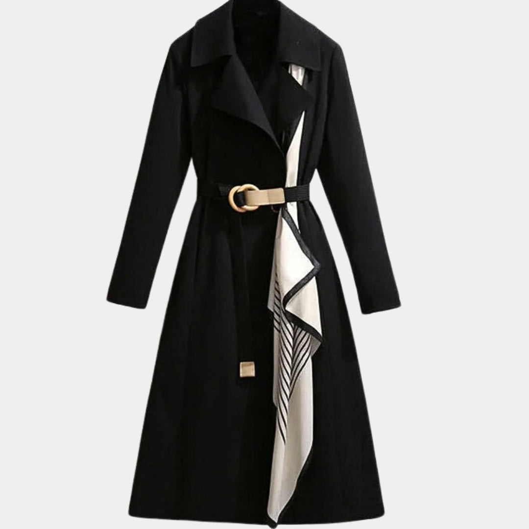 Women's Belted Midi Trench Coat with Turndown Collar