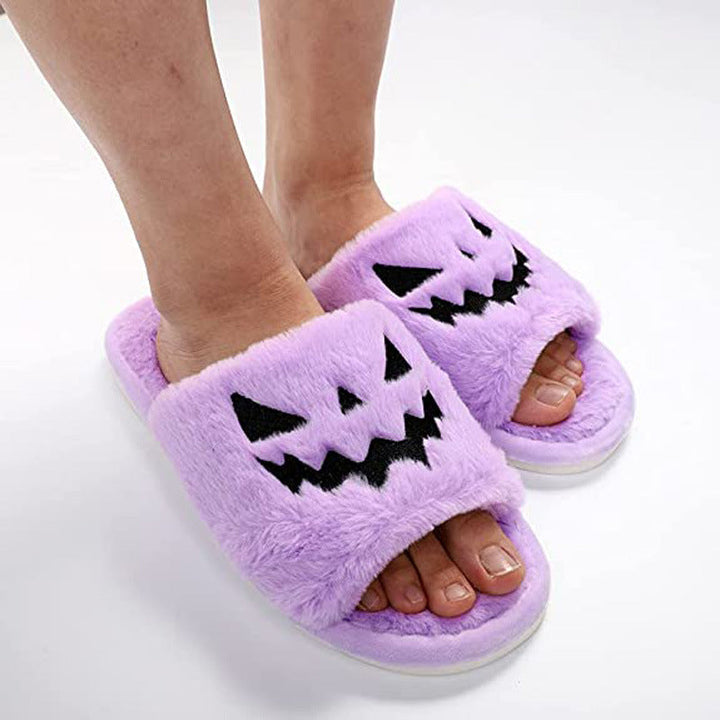 Women's Plush Pumpkin Face Halloween Slippers