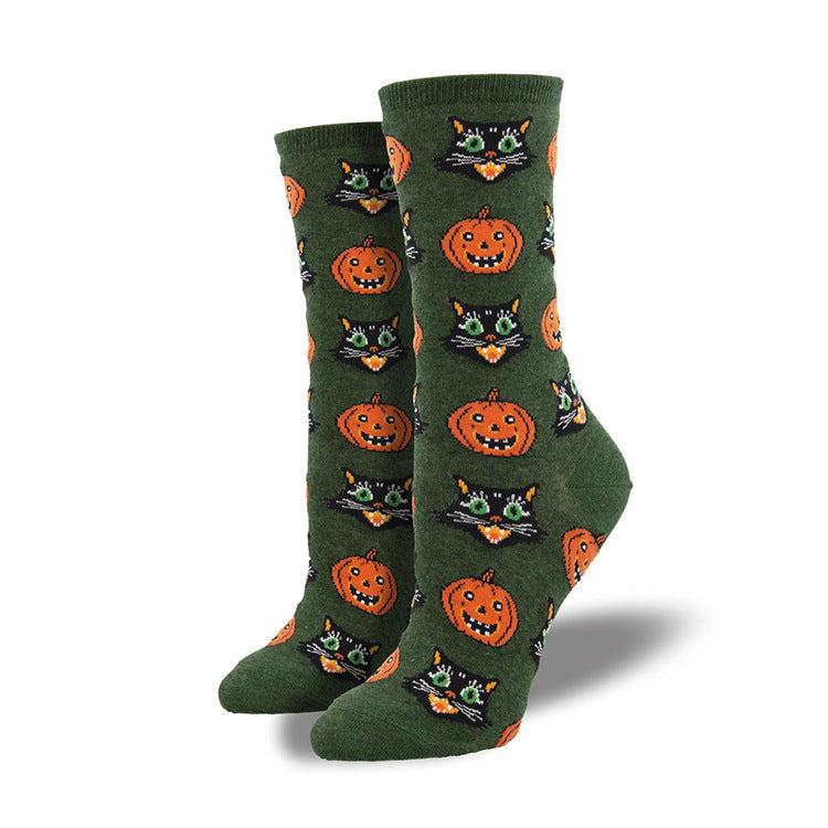 Halloween Pumpkin Witch Crew Socks with Maple Leaf Print