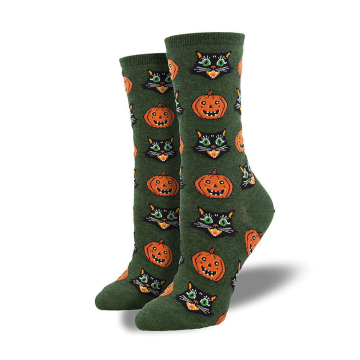 Halloween Pumpkin Witch Crew Socks with Maple Leaf Print