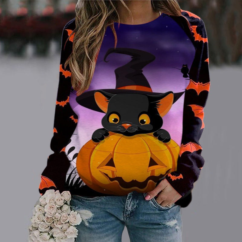 Women's Witch Print Halloween Sweatshirt with Bat Sleeves