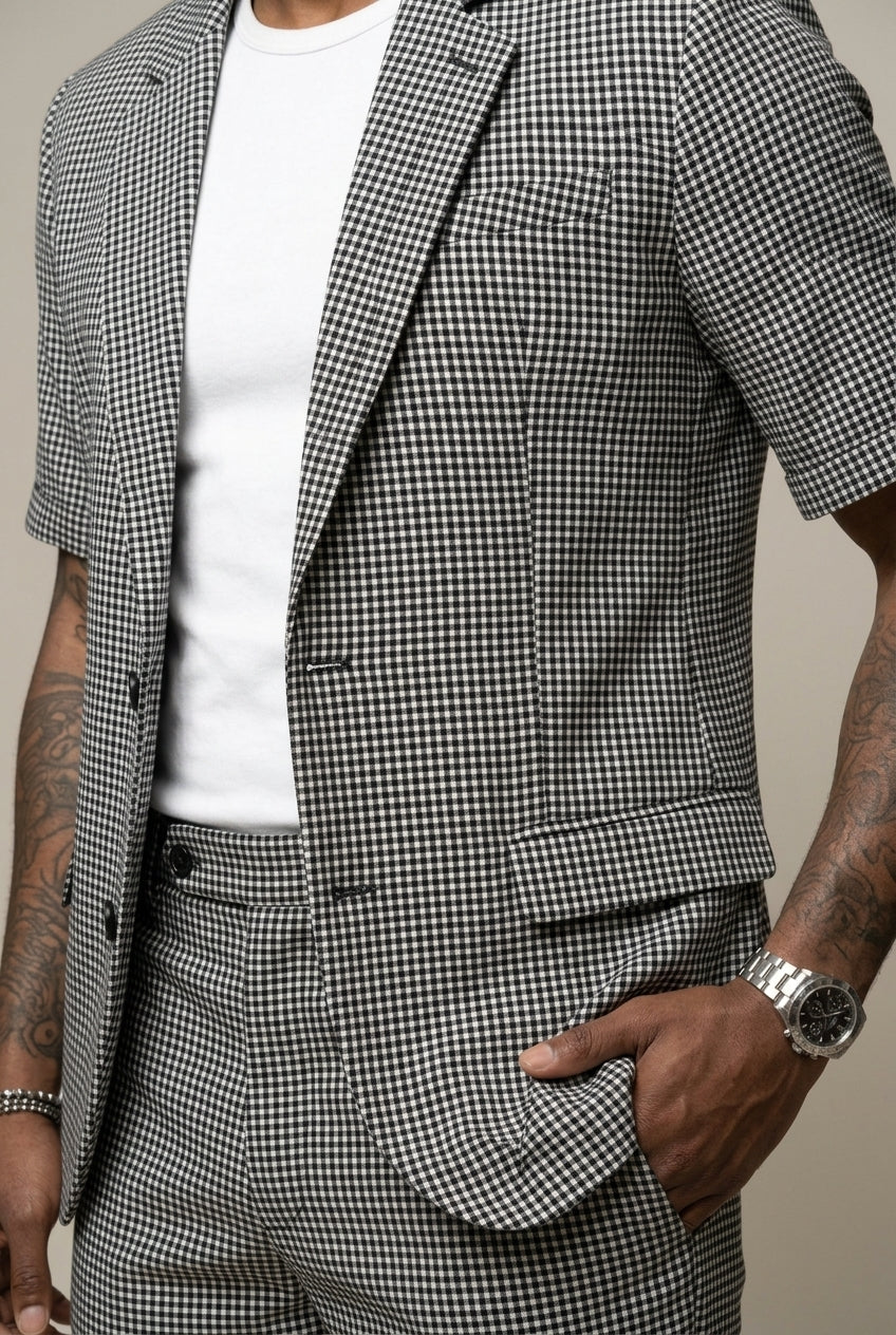 Men's Checkered Blazer and Shorts Set