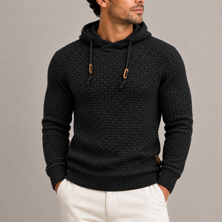 Men's Basketweave Knit Pullover Hoodie with Ribbed Cuffs
