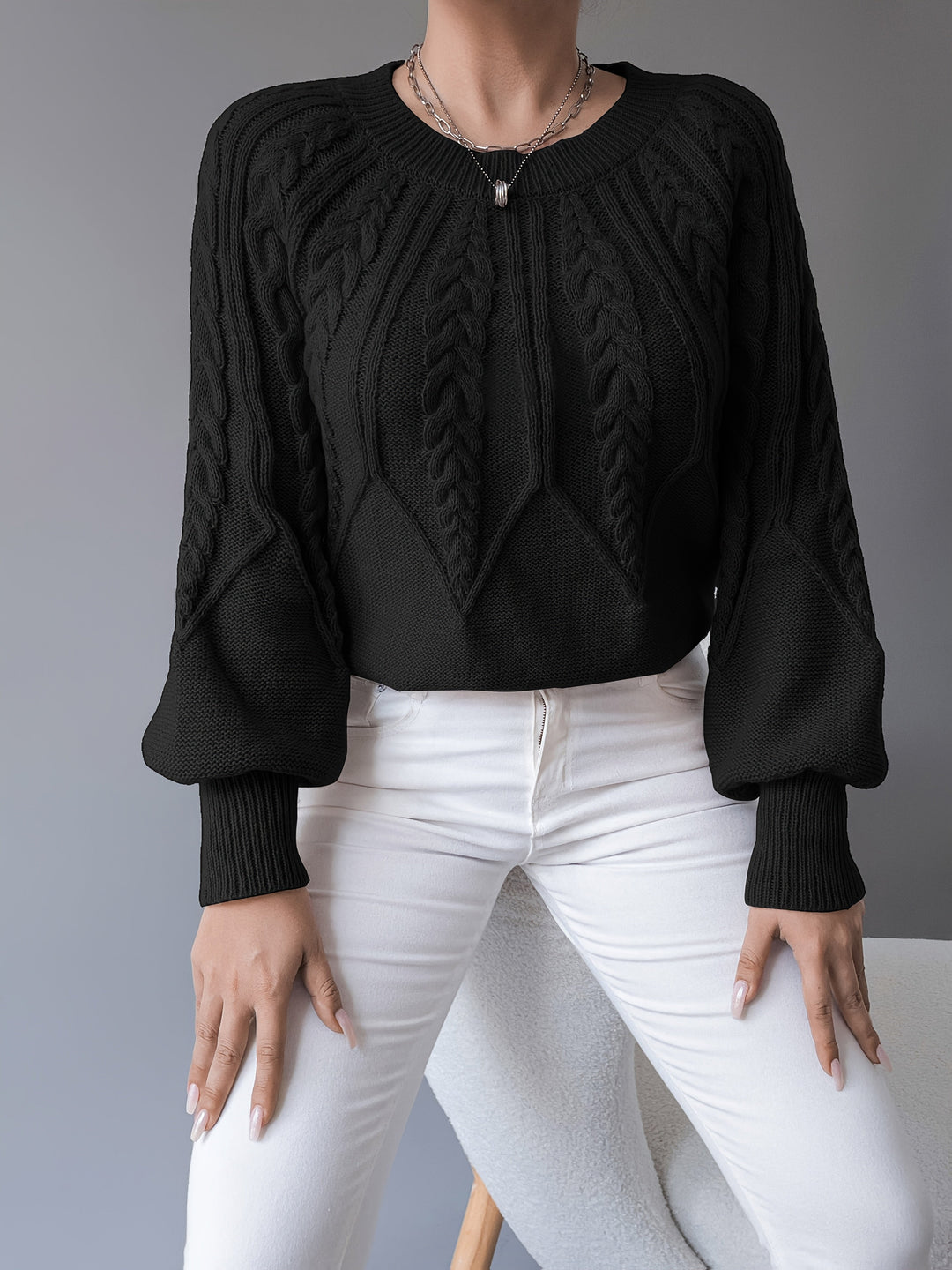 Women's Cable-Knit Cropped Sweater with Lantern Sleeves