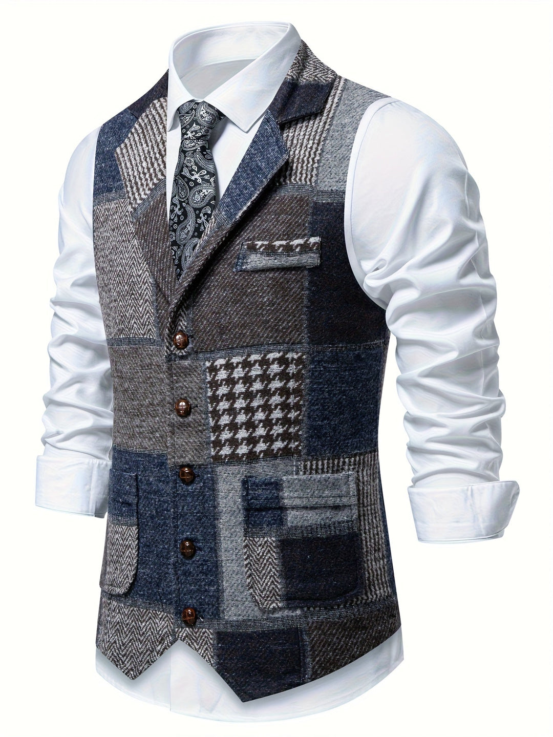 Men's Patchwork Tweed Suit Vest with Notch Lapel