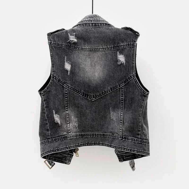 Women's Distressed Denim Moto Vest with Adjustable Waist Belt
