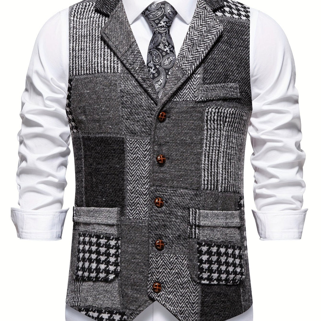 Men's Patchwork Tweed Suit Vest with Notch Lapel