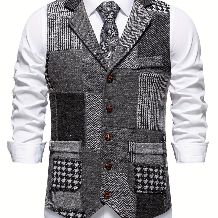 Men's Patchwork Tweed Suit Vest with Notch Lapel