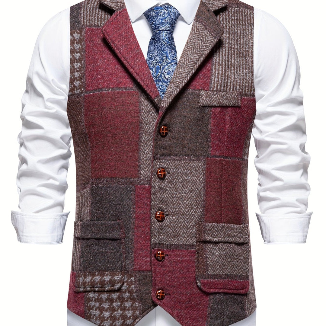 Men's Patchwork Tweed Suit Vest with Notch Lapel