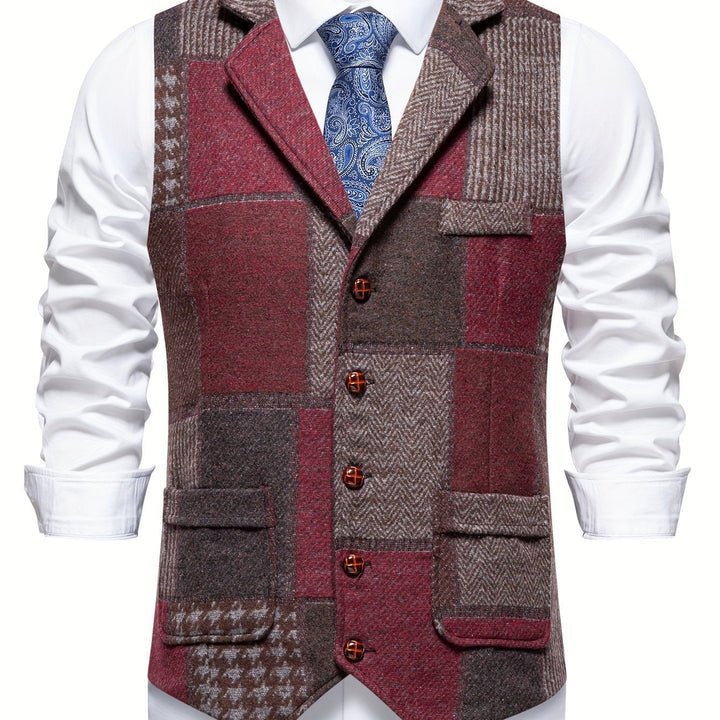 Men's Patchwork Tweed Suit Vest with Notch Lapel