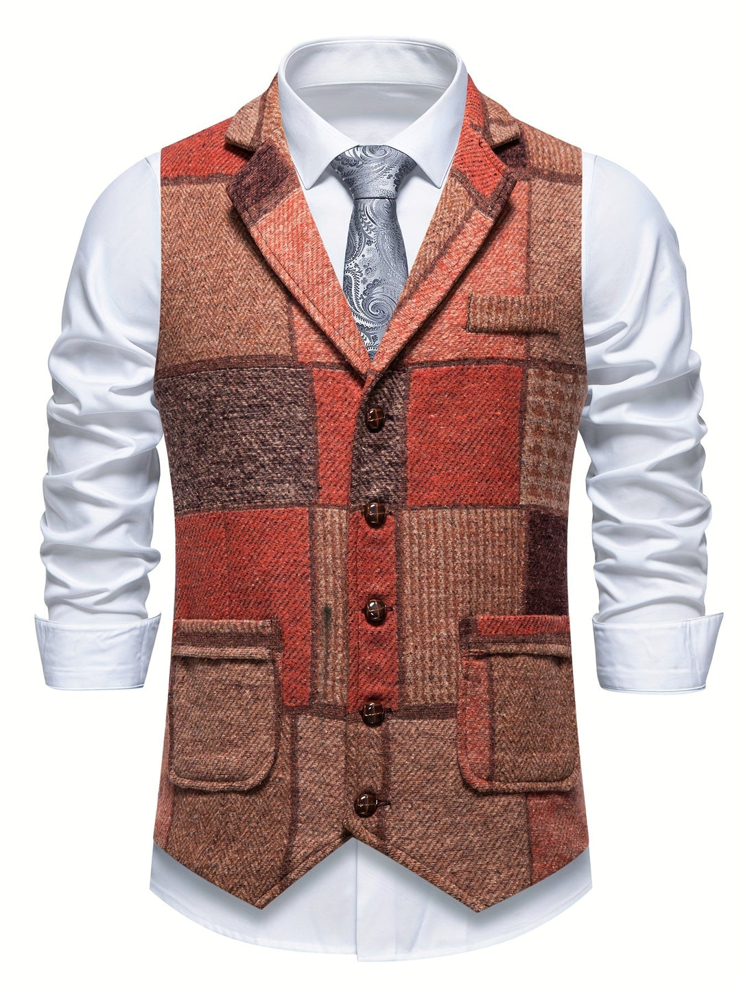 Men's Patchwork Tweed Suit Vest with Notch Lapel