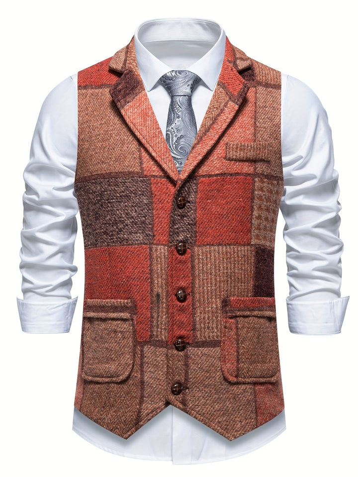 Men's Patchwork Tweed Suit Vest with Notch Lapel