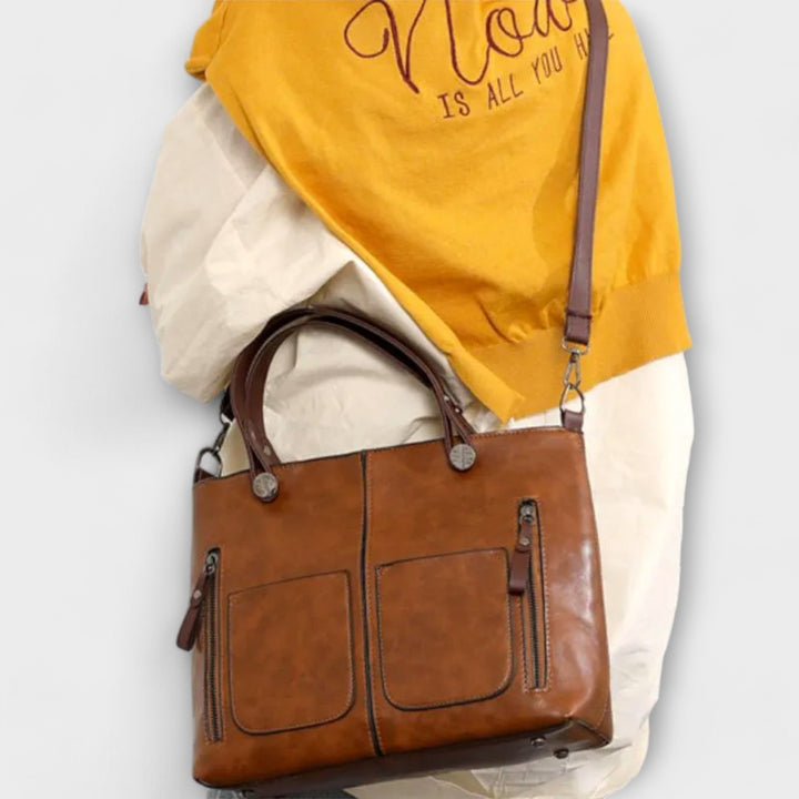 Women's Leather Tote Bag with Front Zip Pockets