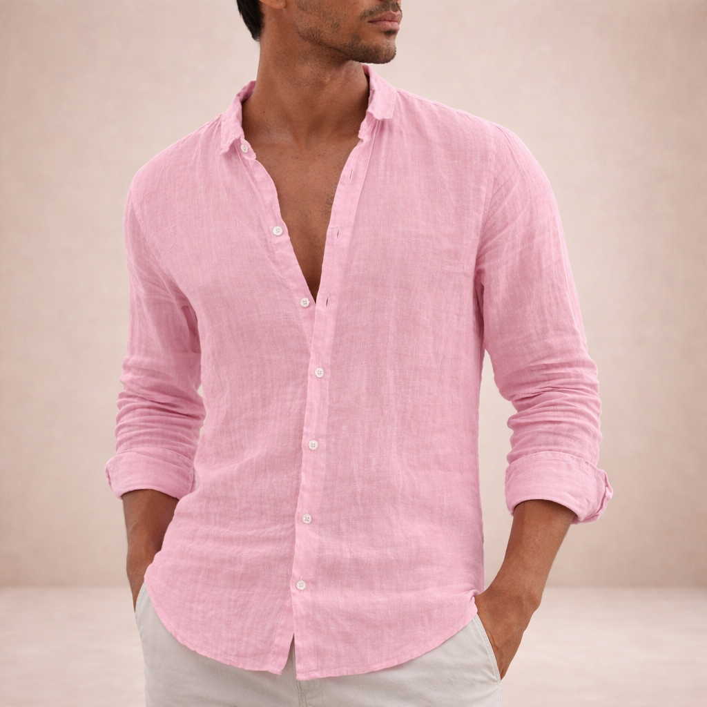 Men's Linen Button-Down Shirt with Spread Collar