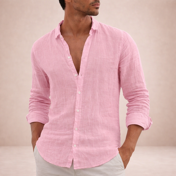 Men's Linen Button-Down Shirt with Spread Collar