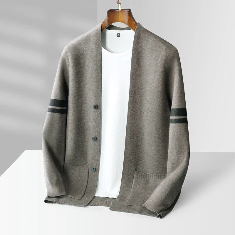 Men's Striped Sleeve Knit Cardigan with Button Front