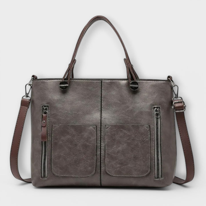 Women's Leather Tote Bag with Front Zip Pockets