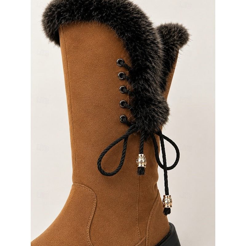 Women's Fur-Trimmed Knee-High Winter Boots with Lace-Up Detail