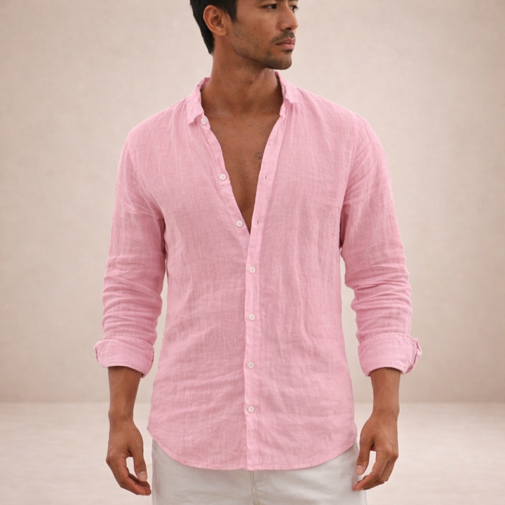Men's Linen Button-Down Shirt with Spread Collar