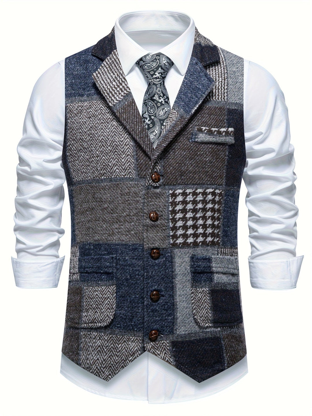 Men's Patchwork Tweed Suit Vest with Notch Lapel