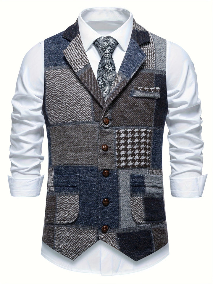 Men's Patchwork Tweed Suit Vest with Notch Lapel