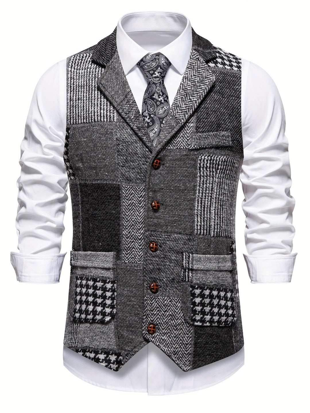 Men's Patchwork Tweed Suit Vest with Notch Lapel
