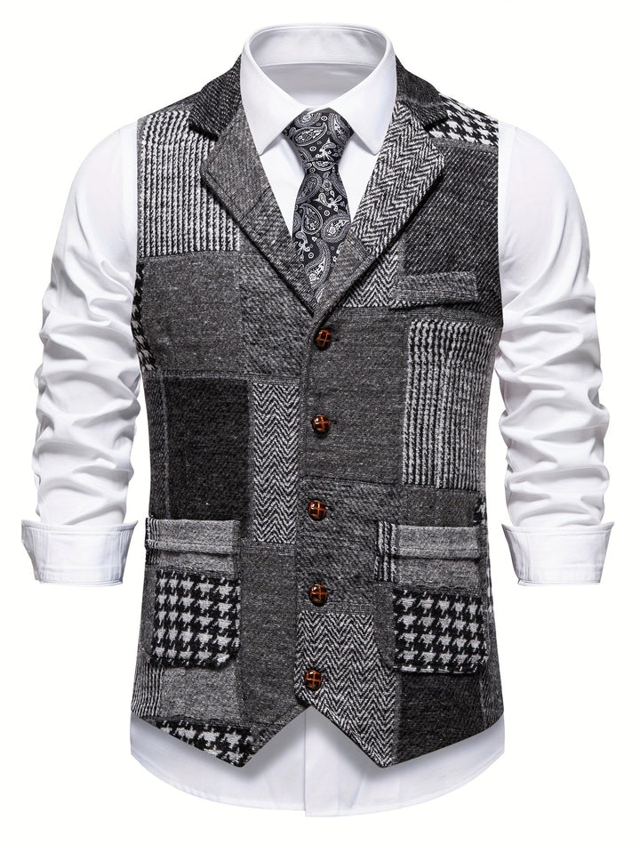 Men's Patchwork Tweed Suit Vest with Notch Lapel