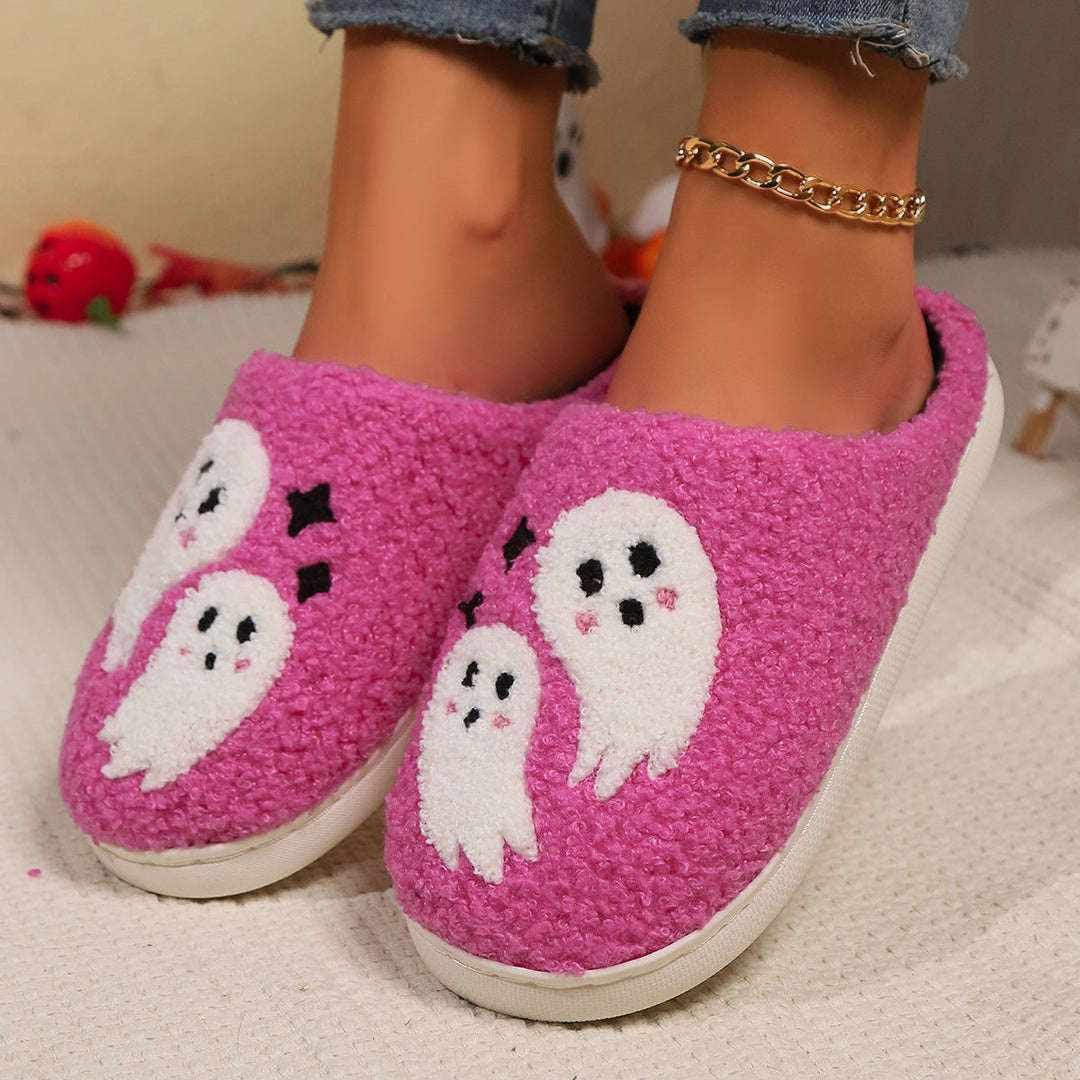 Women's Fluffy Ghost Print Halloween Slippers