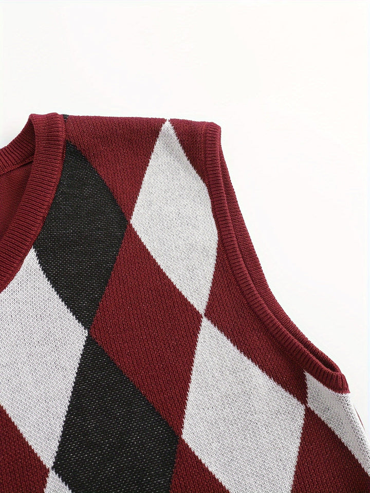 Men's Argyle Knit Sweater Vest with V-Neck