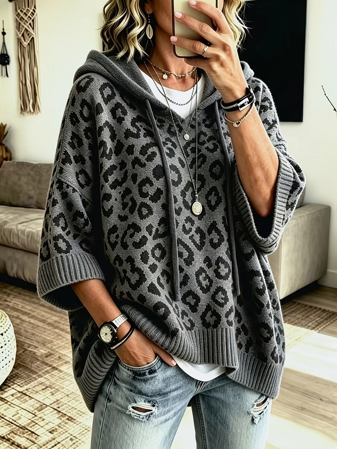 Women's Leopard Print Oversized Hoodie with Batwing Sleeves