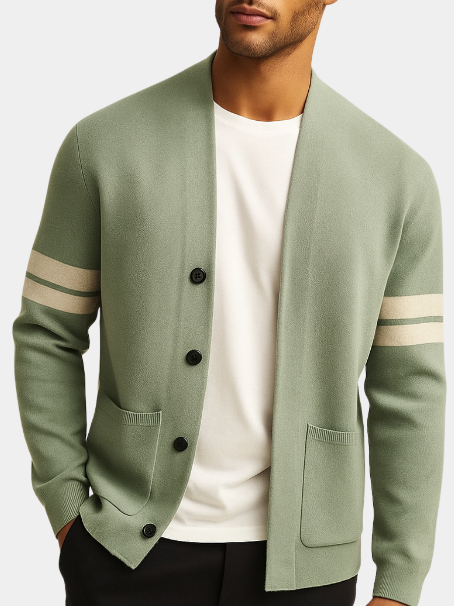 Men's Striped Sleeve Knit Cardigan with Button Front