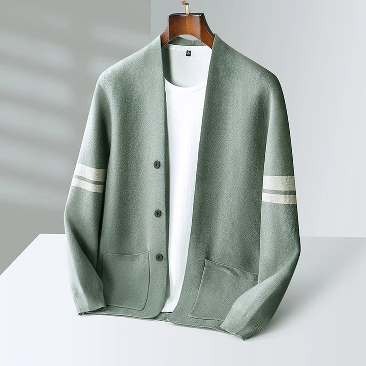 Men's Striped Sleeve Knit Cardigan with Button Front