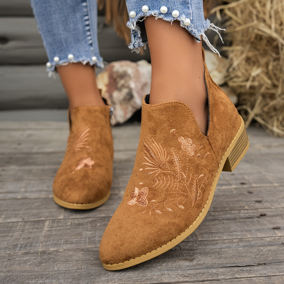 Women's Embroidered Ankle Boots with Side Zip
