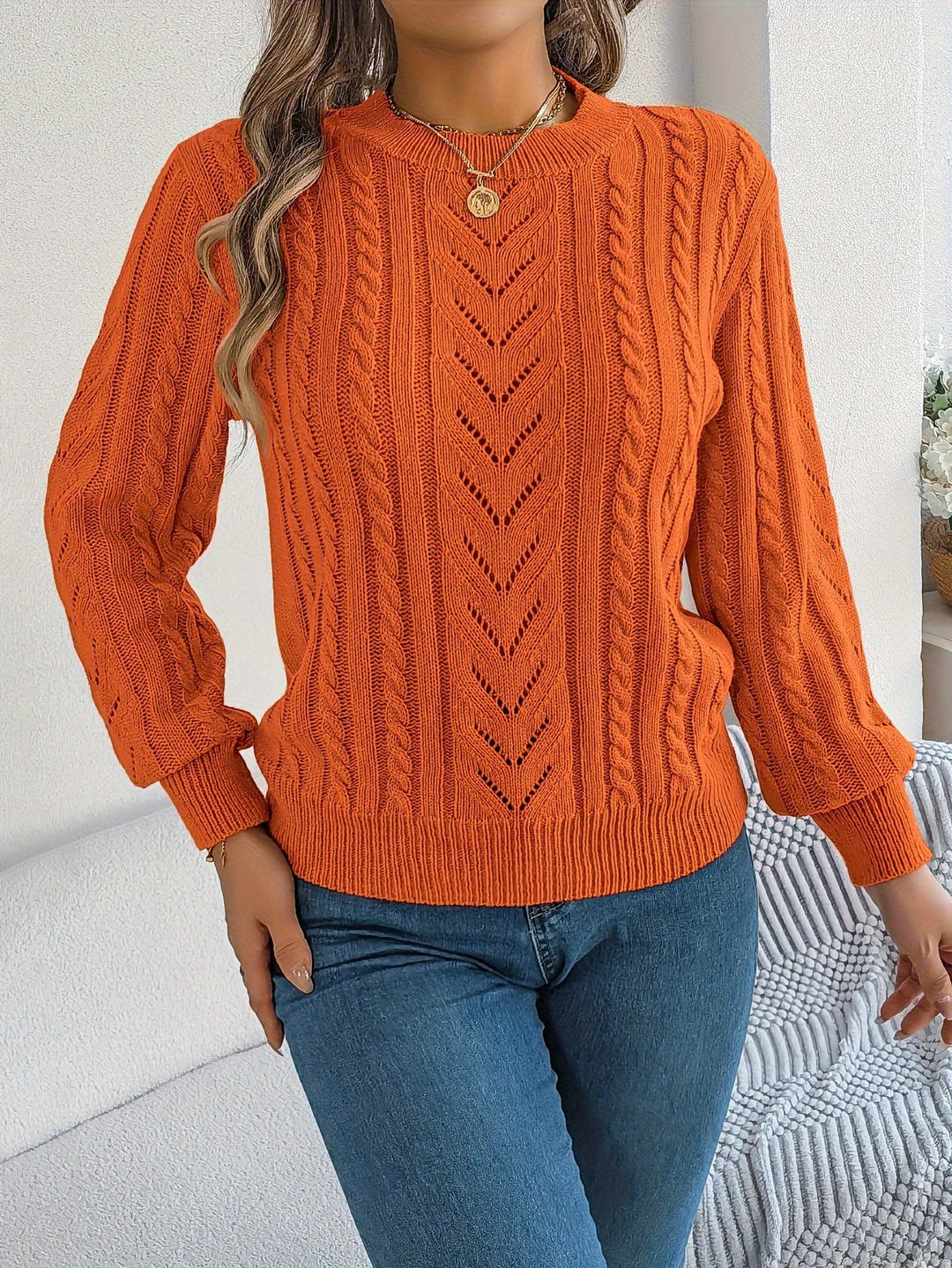 Women's Cable Knit Pointelle Sweater