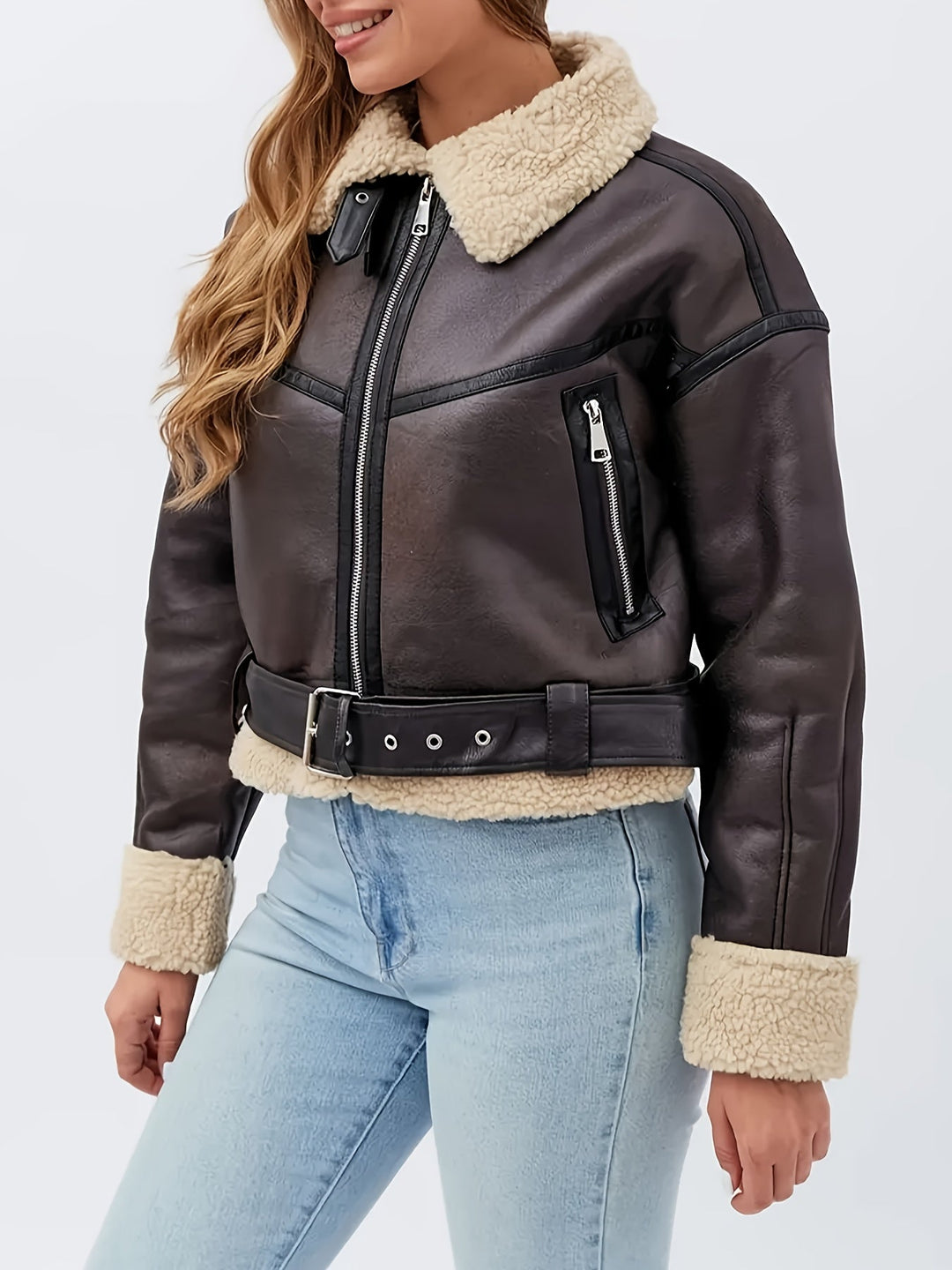 Women's Shearling-Trim Moto Jacket with Belt