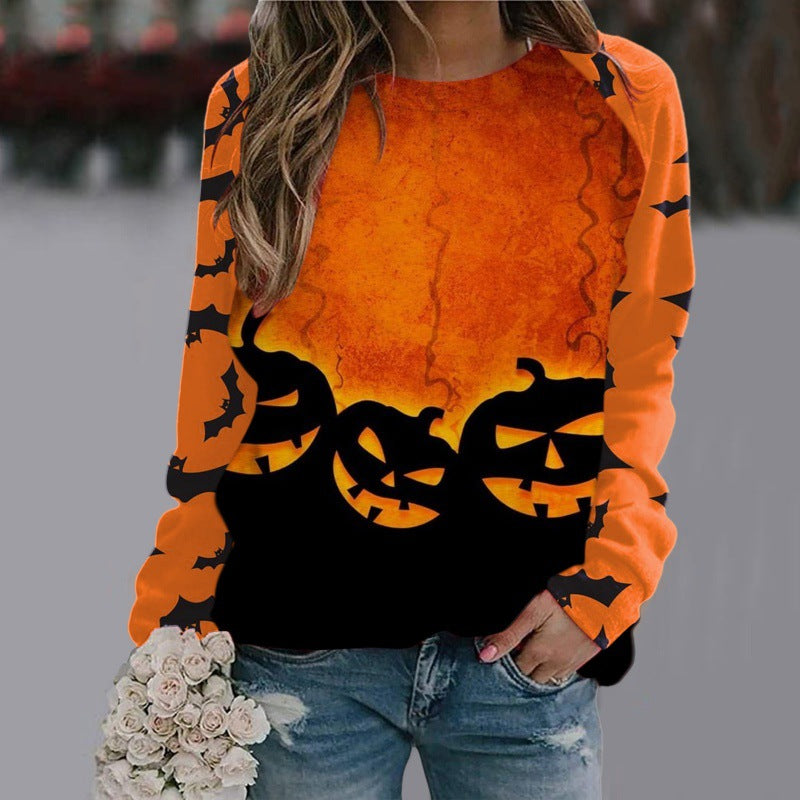 Women's Witch Print Halloween Sweatshirt with Bat Sleeves